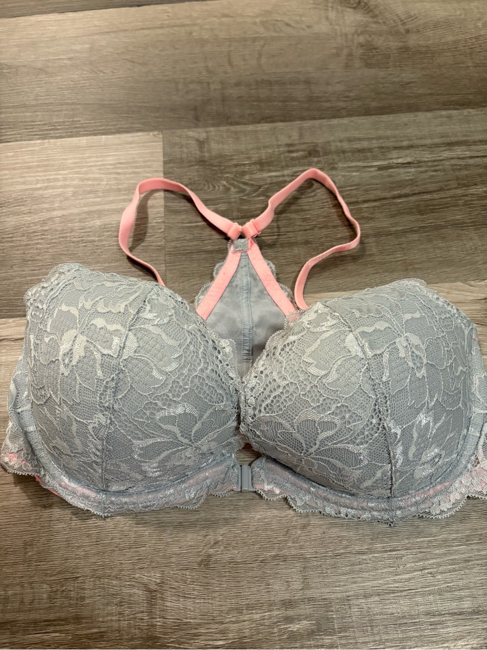 Victoria's Secret Gray Lace Push-Up Bra with Pink Racerback